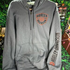Zip Up Harley-Davidson Charcoal Hoodie with Orange Logo Size XXL